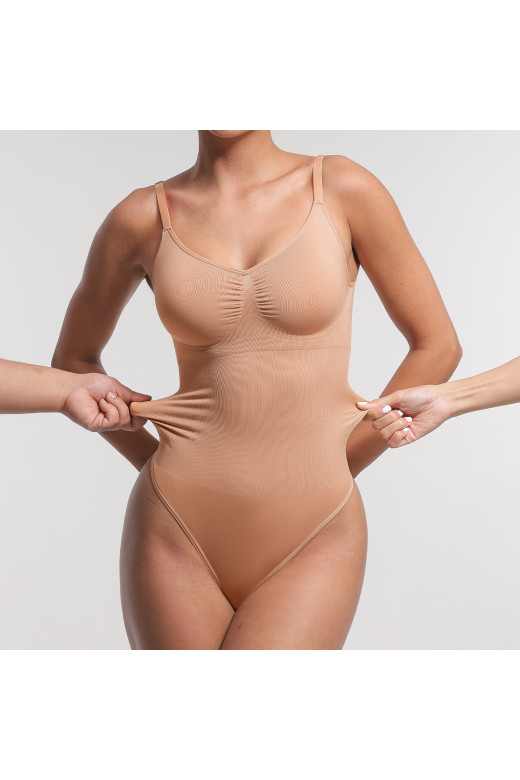 Корректирующее боди на тонких бретелях с трусиками-стрингами, нюдовый