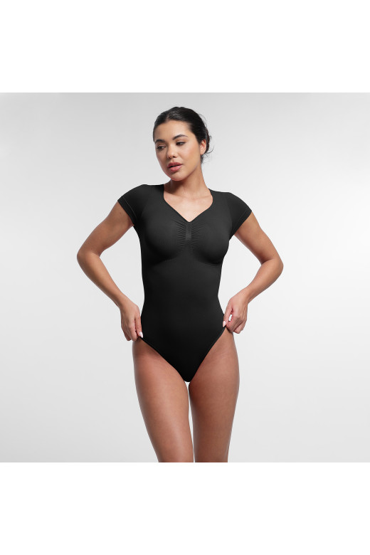 Черное корректирующее боди-стринги V-Sculpt с короткими рукавами